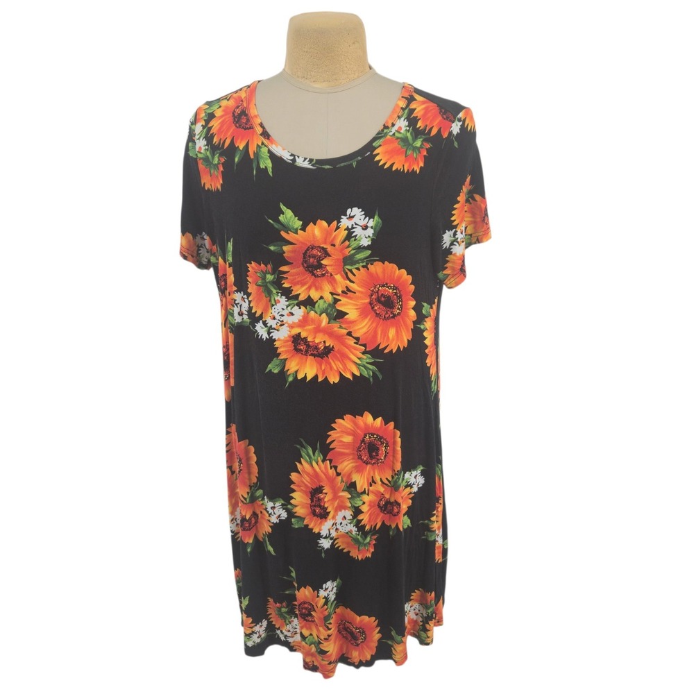 POPYOUNG T-Shirt Dress Women 2XL Black Sunflower Short Sleeve Casual Summer